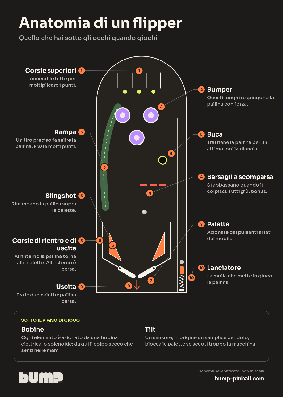 Schema annotato di un piano di gioco del flipper: corsie superiori, bumper, rampa, bersagli a scomparsa, buca, slingshot, palette, corsie di rientro e di uscita, uscita e lanciatore